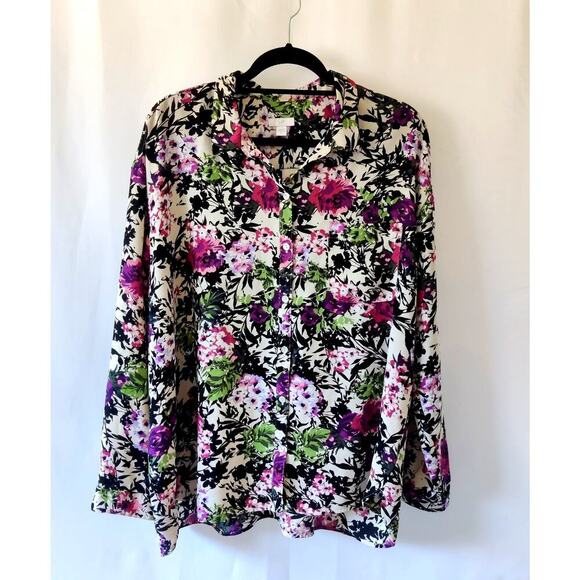 j. Jill Floral Long Sleeve Multicolor Shirt Blouse Sz XL Collared Front Pocket - Picture 1 of 10